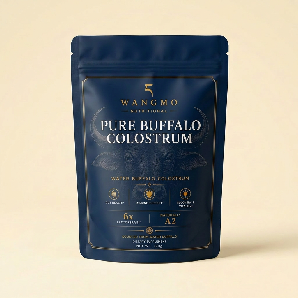 Wangmo Colostrum bag with ceramic bowl and wooden spoon of powder